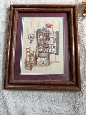 Vintage Hand Crossvstitch Needlework Framed matted in Glass